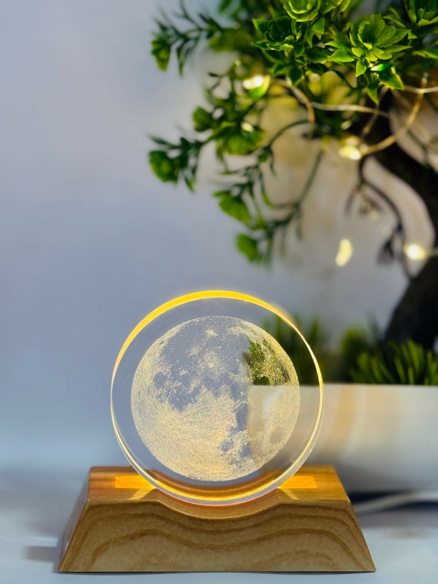 3D Moon LED Night Lamp with Wooden Base | Laser Engraved Full Moon Acrylic Light for Bedroom, Home Decor, Desk & Gifting | Lunar Glow Ambient Lamp with USB Power | Celestial Mood Light