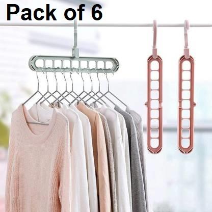 Hanger-Plastic Multi Functional Adjutable & Folding Clothes Hanger Holder Portable Anti-Slip Storage Rack Space Saving Hook for Garment Drying (Multicolor, Pack Of 6)