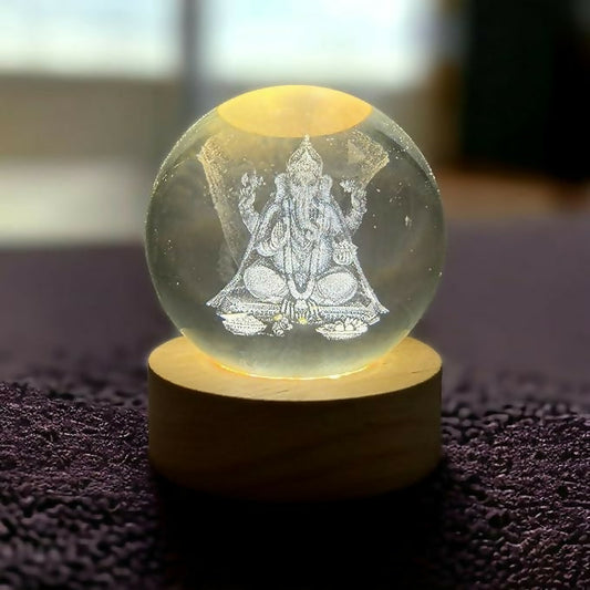 3D Crystal Glass Ball with LED Wooden Base – Engraved Lord Ganesha Decorative Night Light – Spiritual Gift for Home, Mandir, Diwali, Office Desk, and Meditation Décor